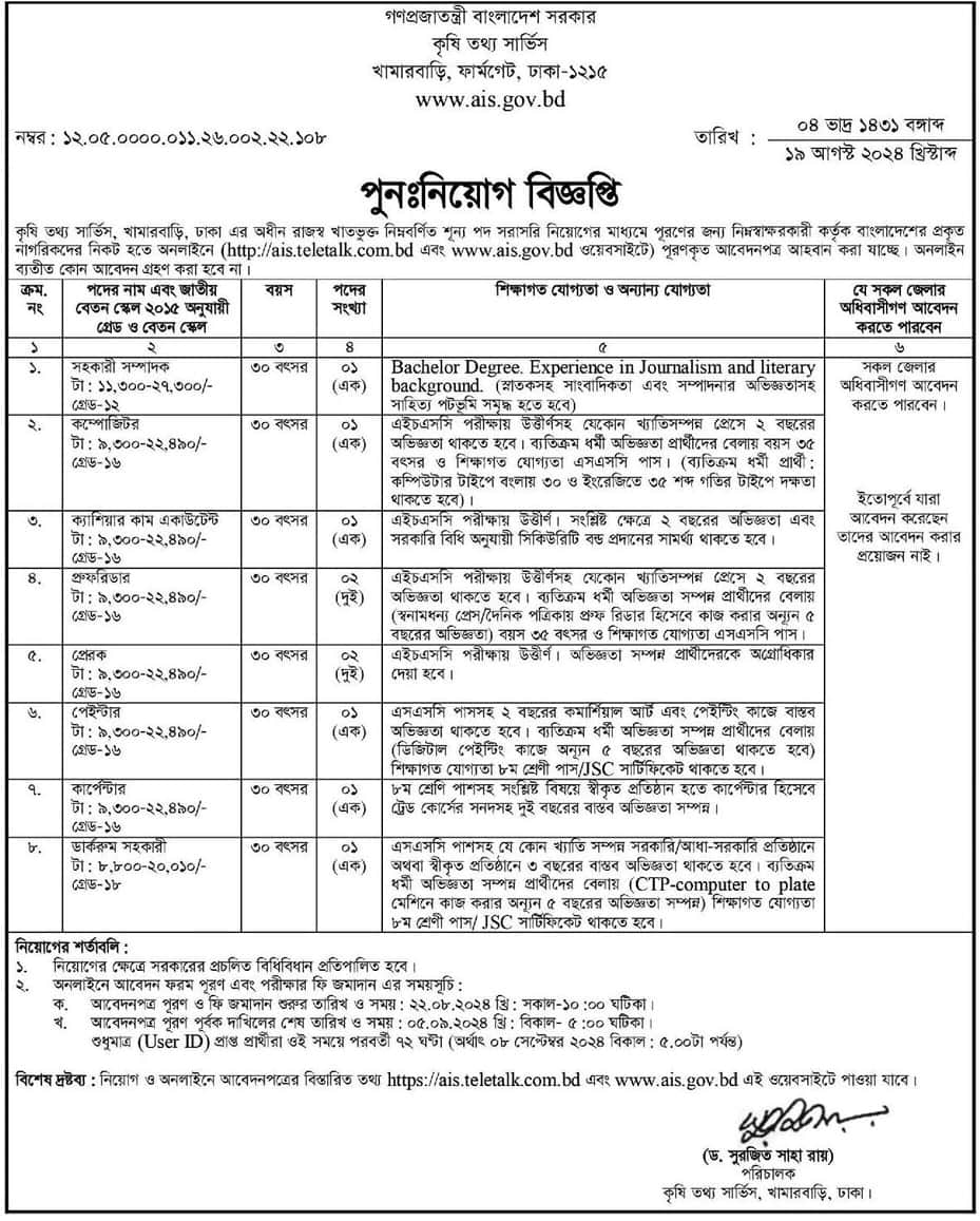 Agriculture Information Service job circular 