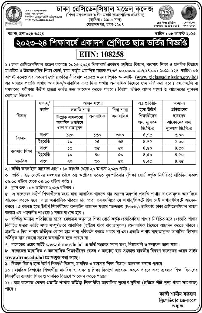 Admission circular in class XI in different colleges