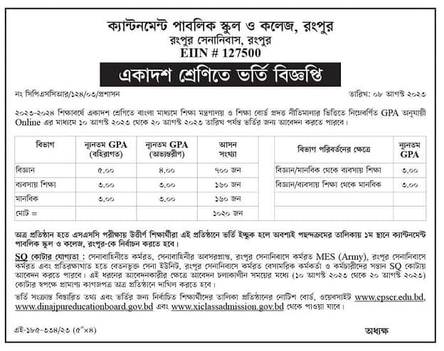 Admission circular in class XI in different colleges