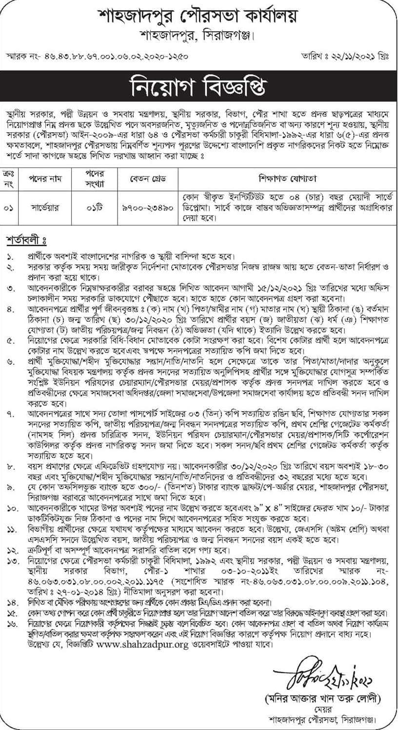 Shahjadpur Municipality job circular