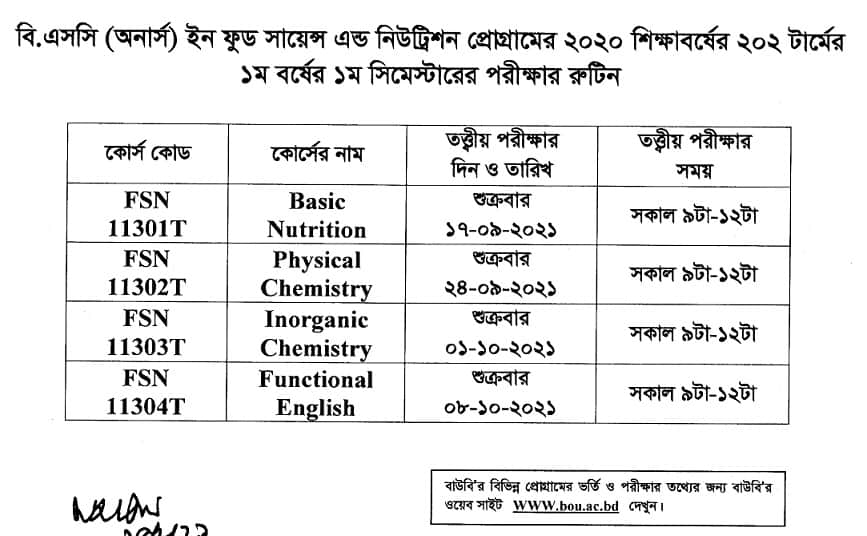 Bangladesh Open University Exam Routine