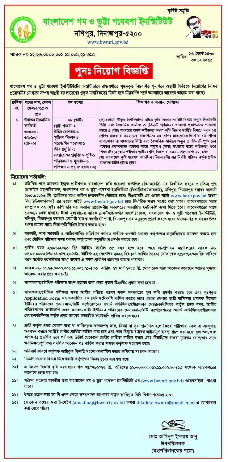 Bangladesh Wheat and Maize Research Institute Job Circular