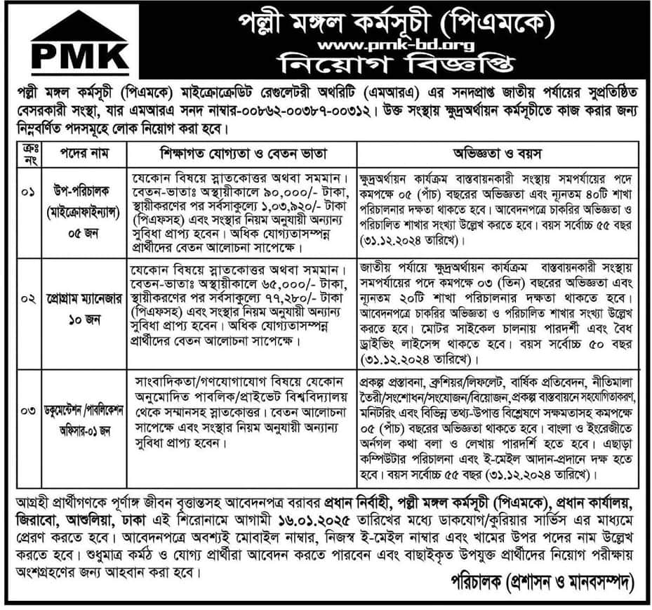 Palli Mongal Karmosuchi (PMK) Job Circular