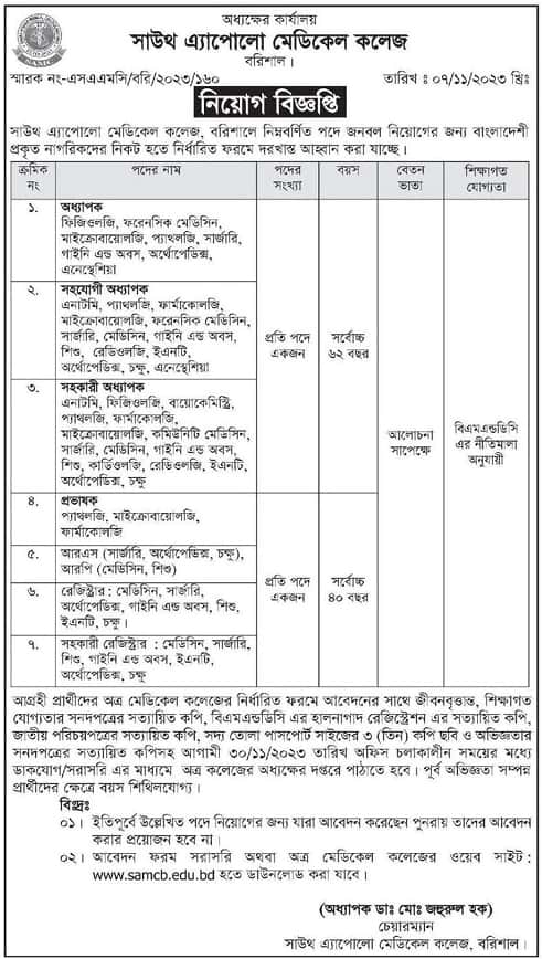 South Apollo Medical College Job Circular