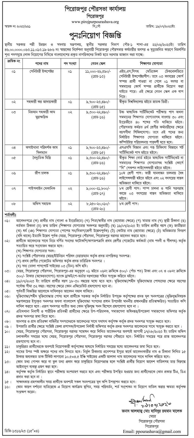 Pirojpur Pourashava Job circular