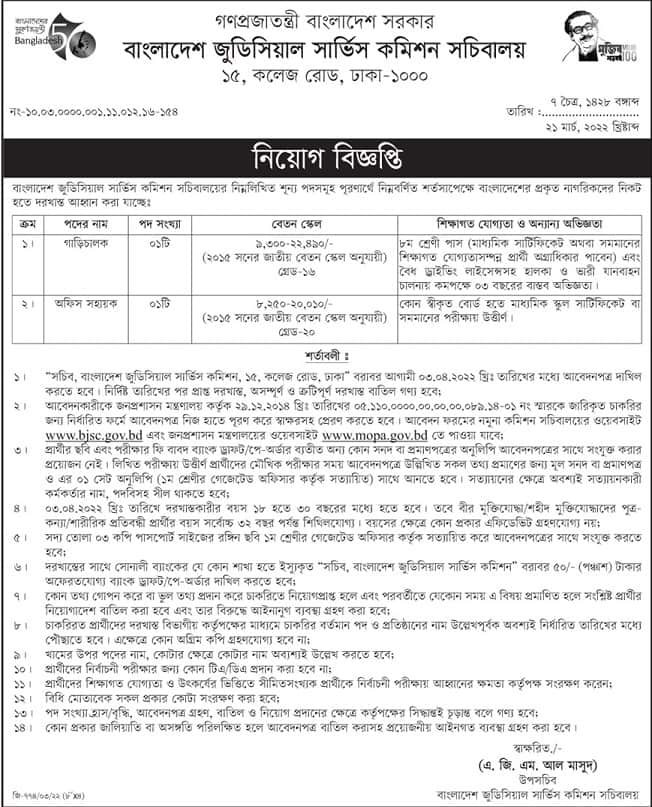 Bangladesh Judicial Service Commission Job Circular 