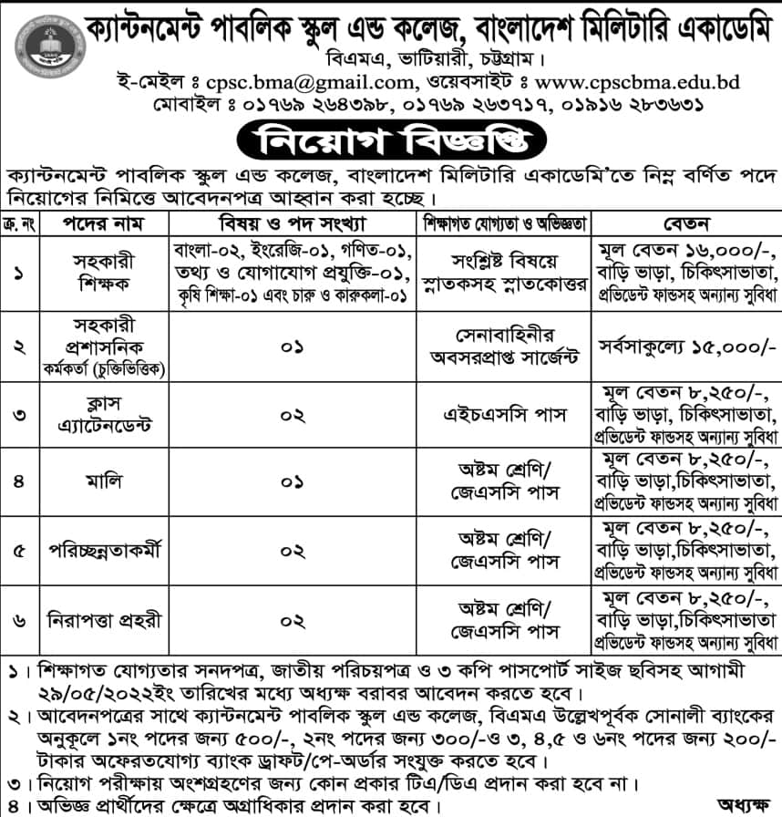 All Cantonment Public School And College Job Circular