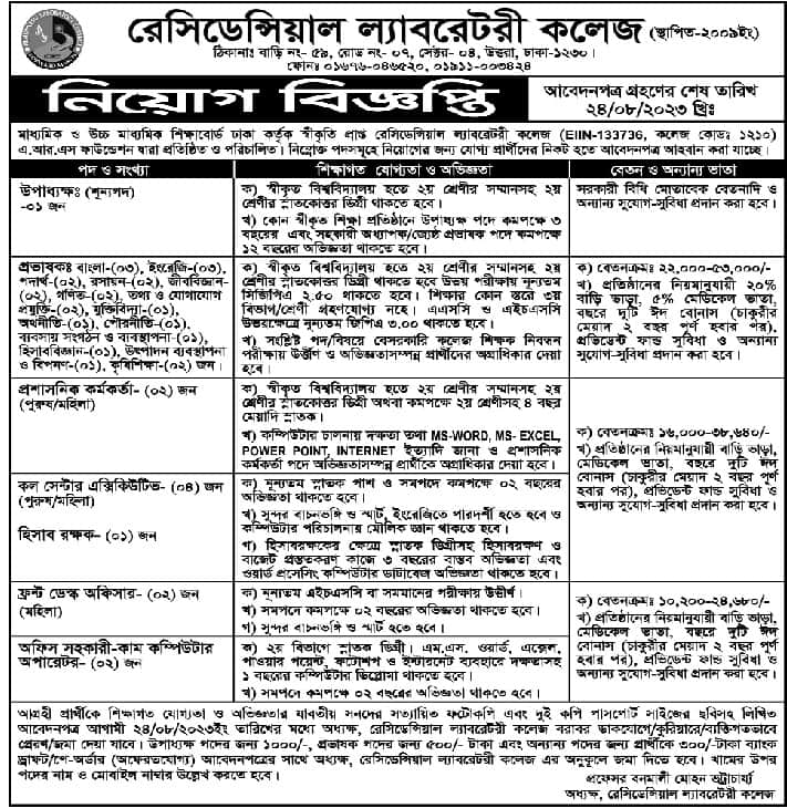 Residential Laboratory College Job Circular