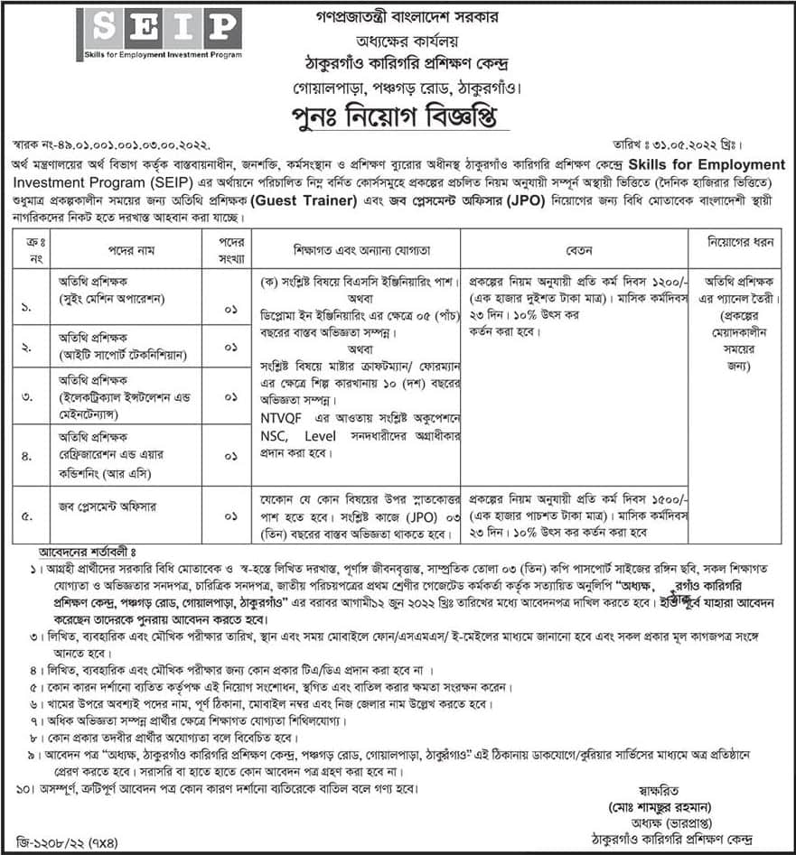 Thakurgaon Technical Training Centre Job Circular 