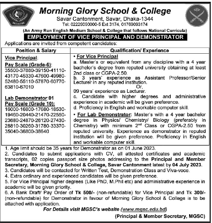 Morning Glory School and College Job Circular