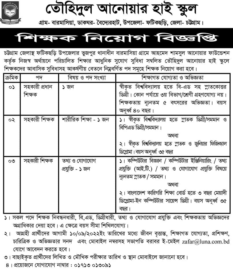 Tauhidul Anowar High School Job Circular 