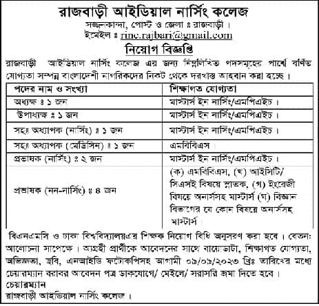 Rajbari Ideal Nursing College Job Circular