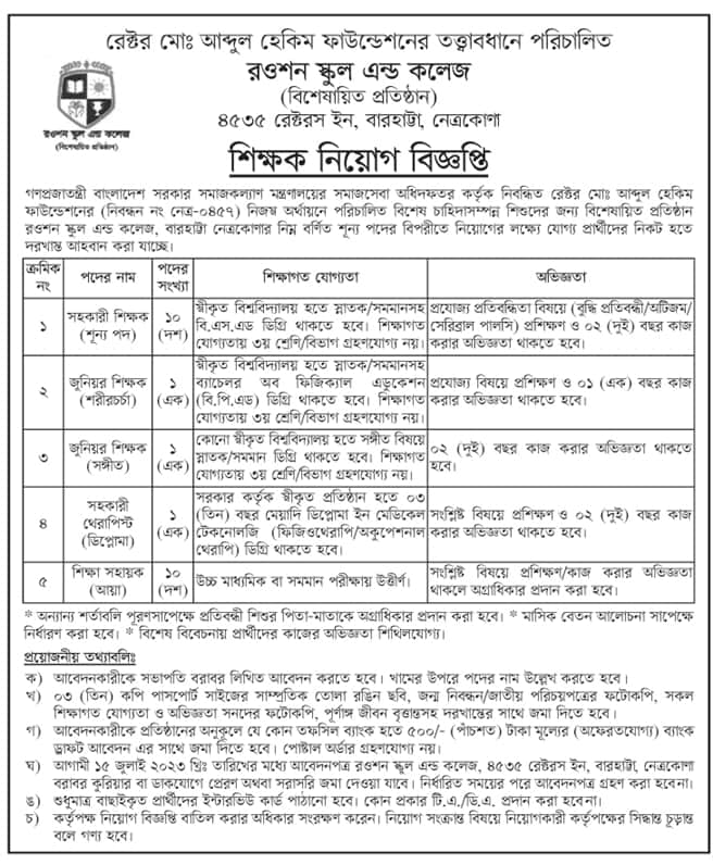 Rowshan School And College Job Circular 