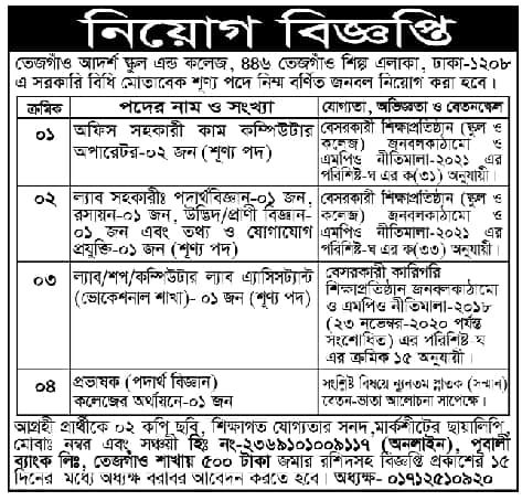 Tejgaon Adarsha School And College Job Circular 