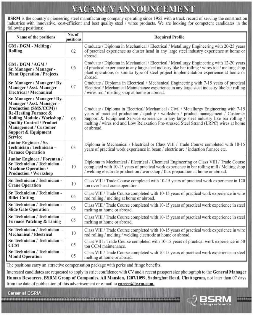 Bangladesh Steel Re-Rolling Mills BSRM Job Circular