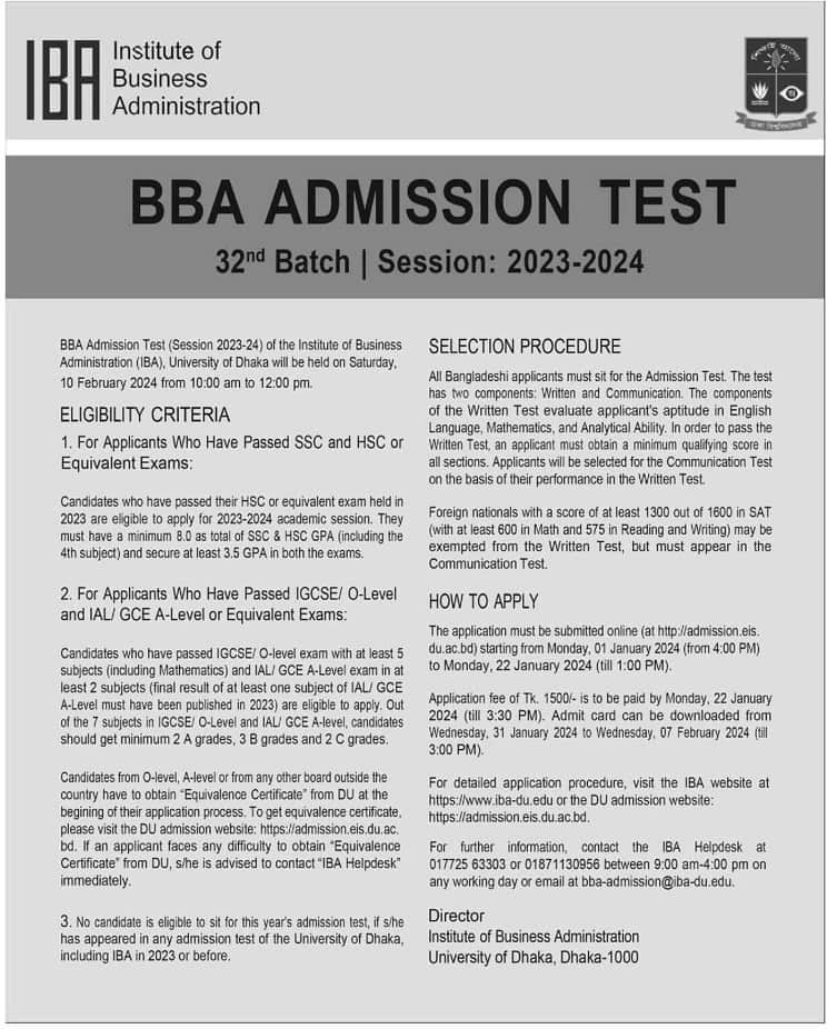 IBA Admission Circular at University of Dhaka