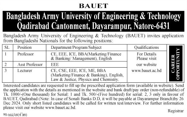 Bangladesh Army University of Engineering and Technology Job Circular