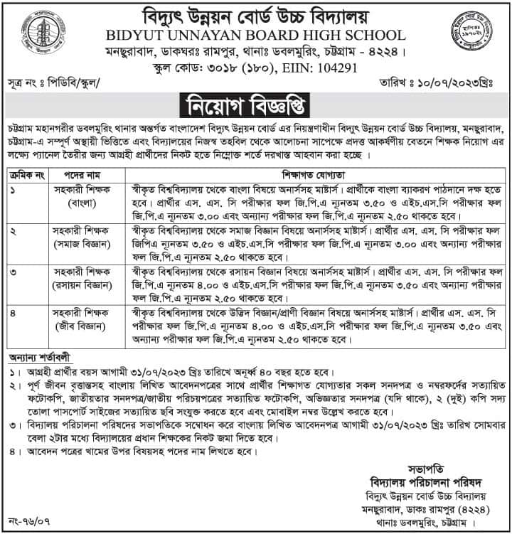 Biddyut Unnayan Board High School Job Circular 