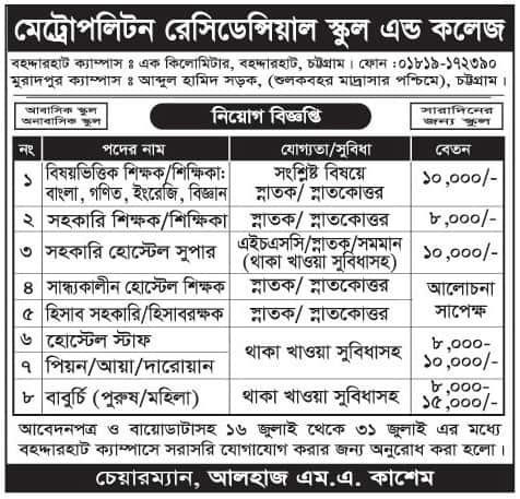 Metropolitan Residential School And College Job Circular 