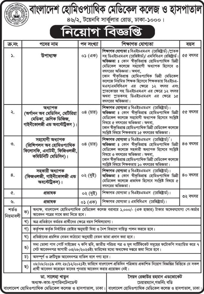 Bangladesh Homeopathic Medical College And Hospital Job Circular 