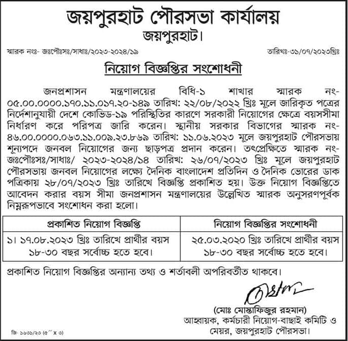 Joypurhat Municipality Job Circular