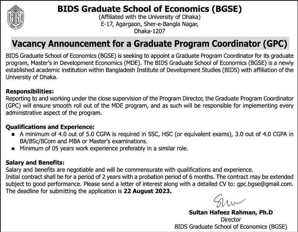 BIDS Graduate School of Economics Job Circular 