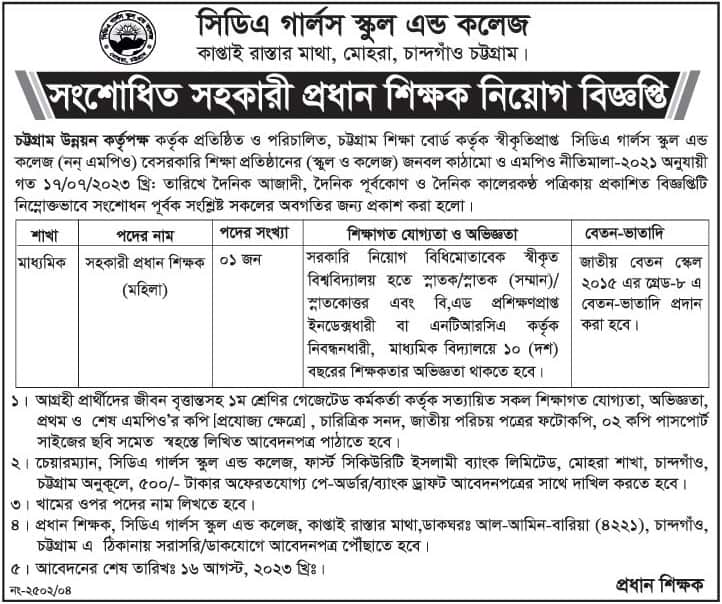 CDA Girls School and College Job Circular