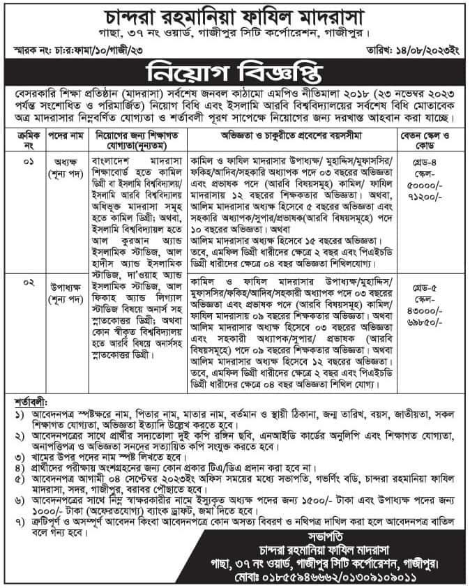 Chandara Rahmania Fazil Madrasha Job Circular 