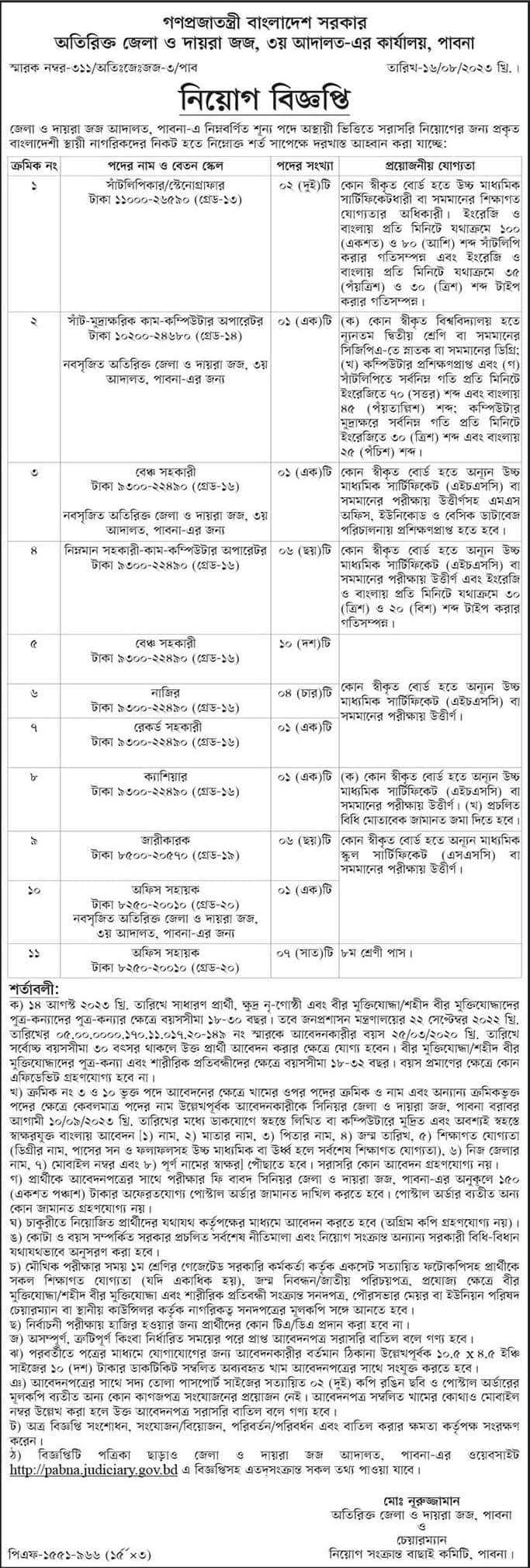 Additional District and Sessions Judge Job Circular