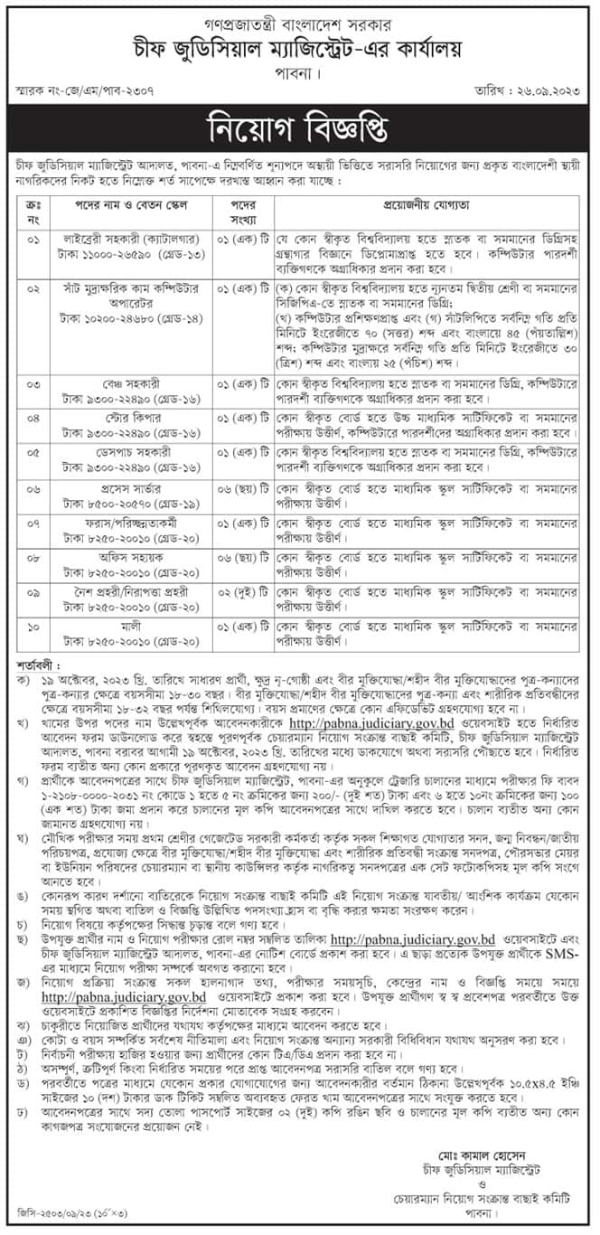 Chief Judicial Magistrate Office Job Circular