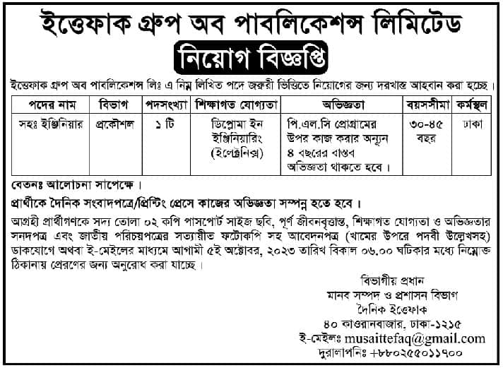 Ittefaq Group of Publications Ltd Job Circular 