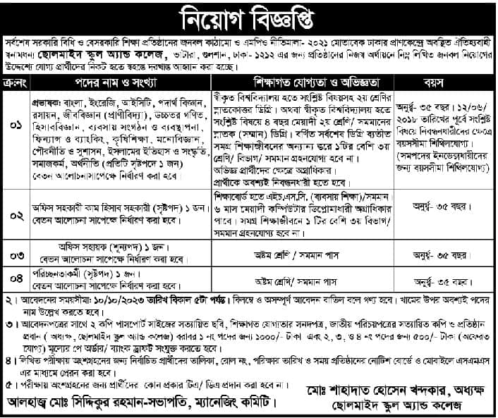 Solmaid School And College Job Circular 