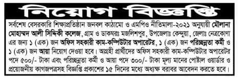 Moulana Mohammad Ali Siddiqui College Job Circular 