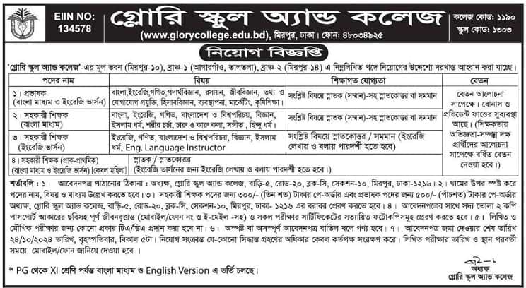 Glory School And College Job circular