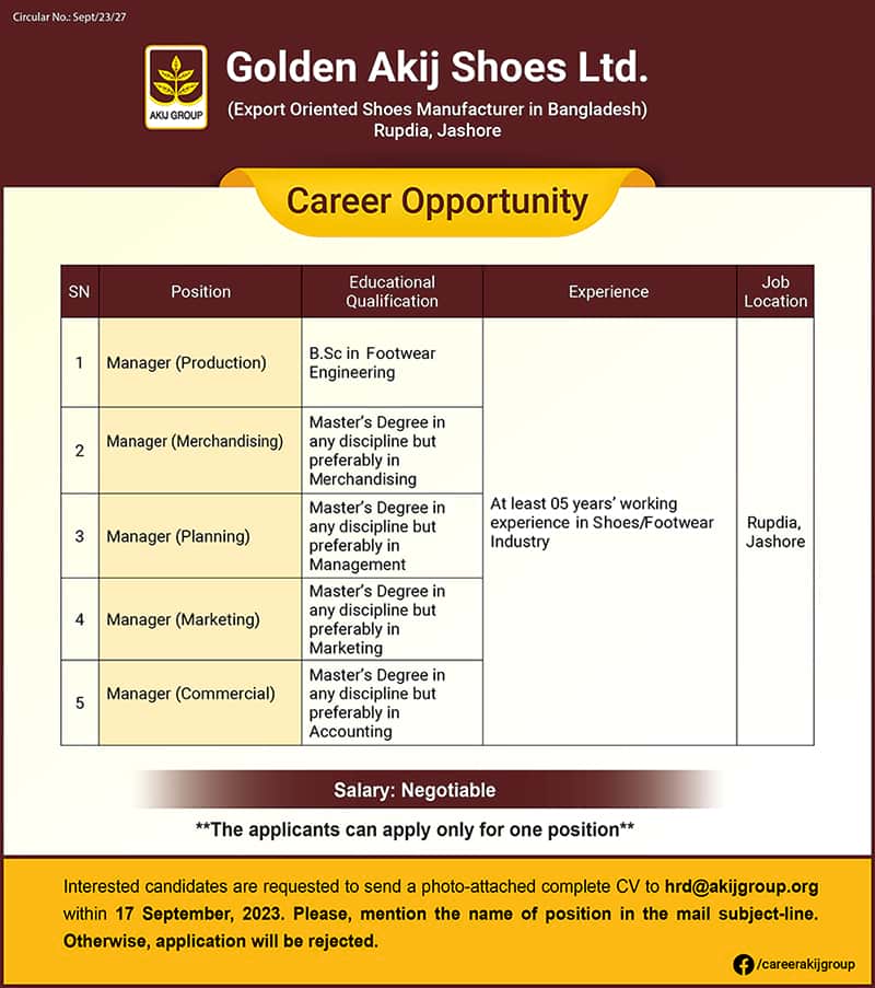 Golden Akij Shoes Ltd Job Circular 