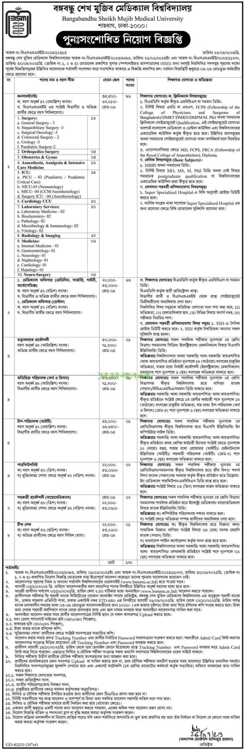 Bangabandhu Sheikh Mujib Medical University Job Circular