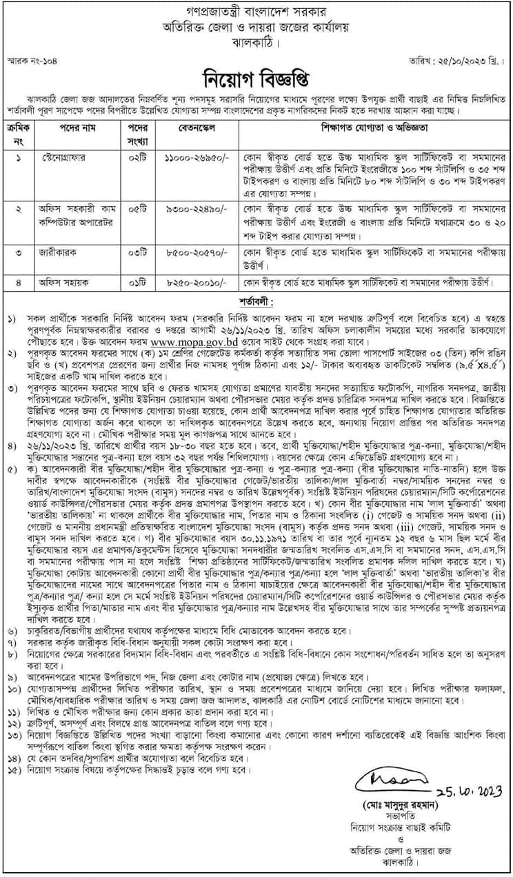 Additional District and Sessions Judge Job Circular