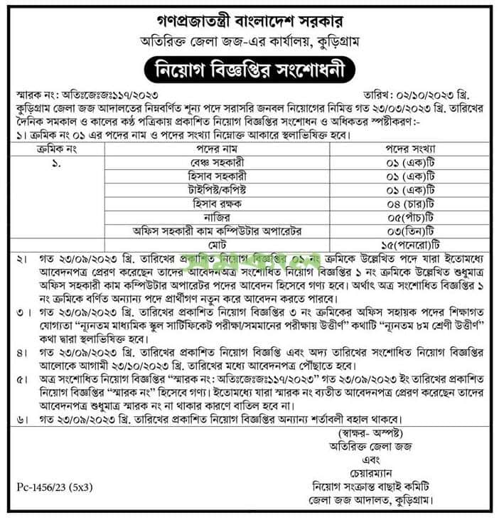 Kurigram Additional District and Sessions Judge Job Circular