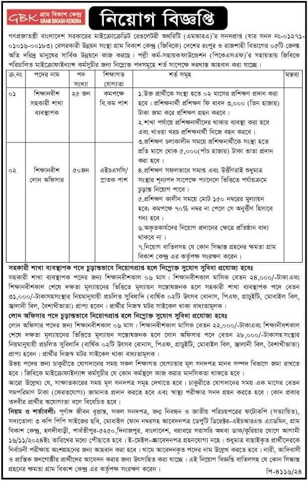 Gram Bikash Kendra Job circular