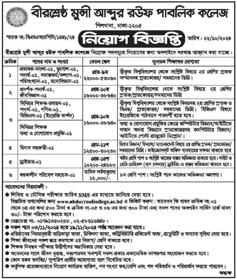 Birshreshtha Munshi Abdur Rouf Public College Job Circular