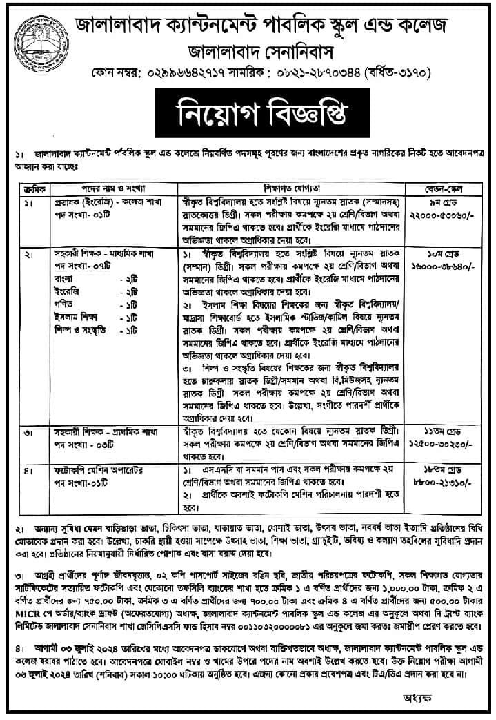 Jalalabad Cantonment Public School and College Job Circular