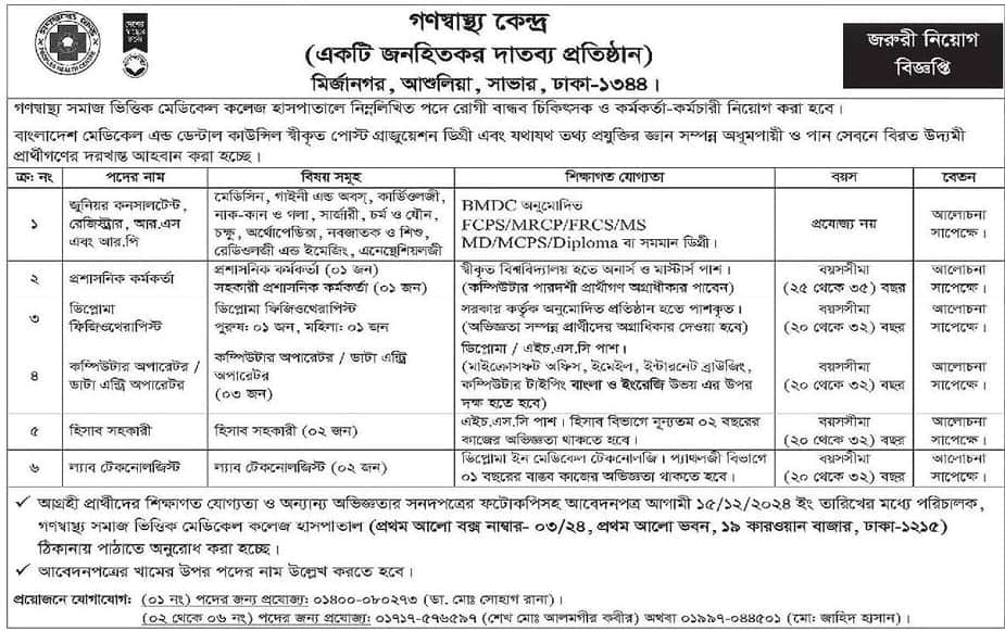 Gonoshasthaya Samaj Vittik Medical College Job Circular