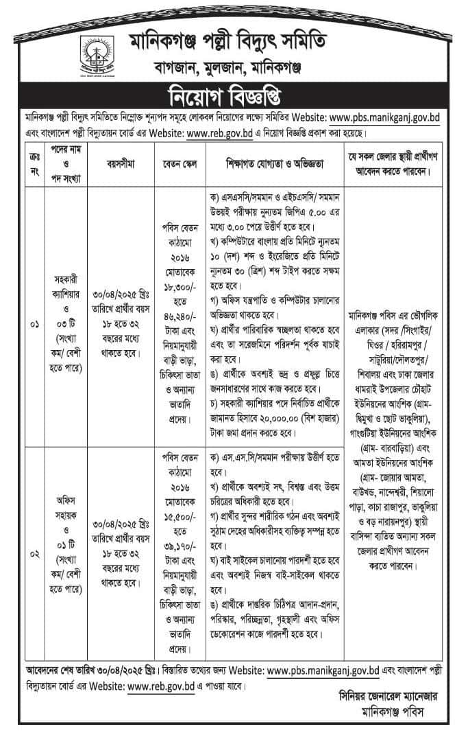 Manikganj Palli Bidyut Samity Job circular