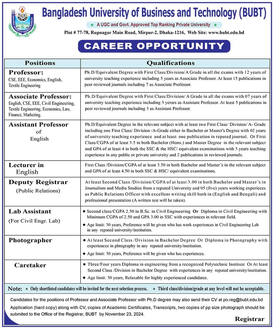 Bangladesh University of Business and Technology Job circular