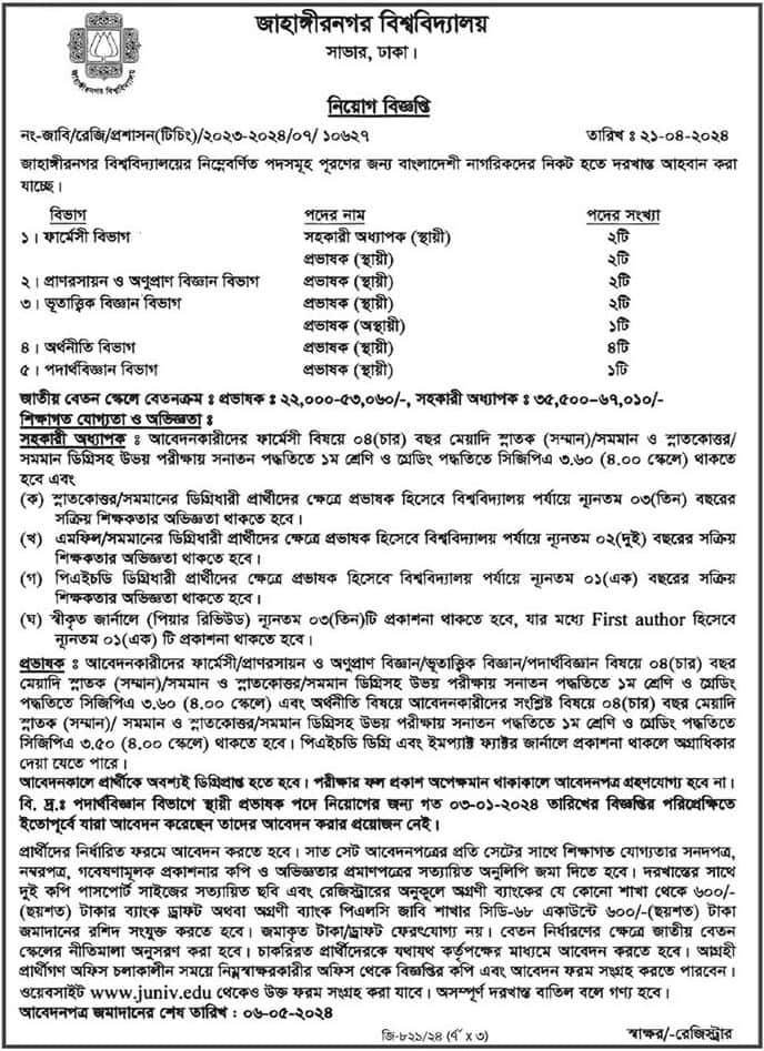 Jahangirnagar University Job Circular