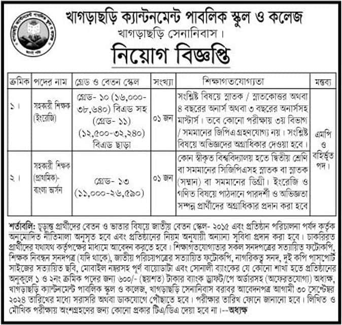 Khagrachhari Cantonment Public School And College Job circular