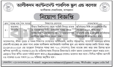 Alikadam Cantonment Public School and College Job Circular