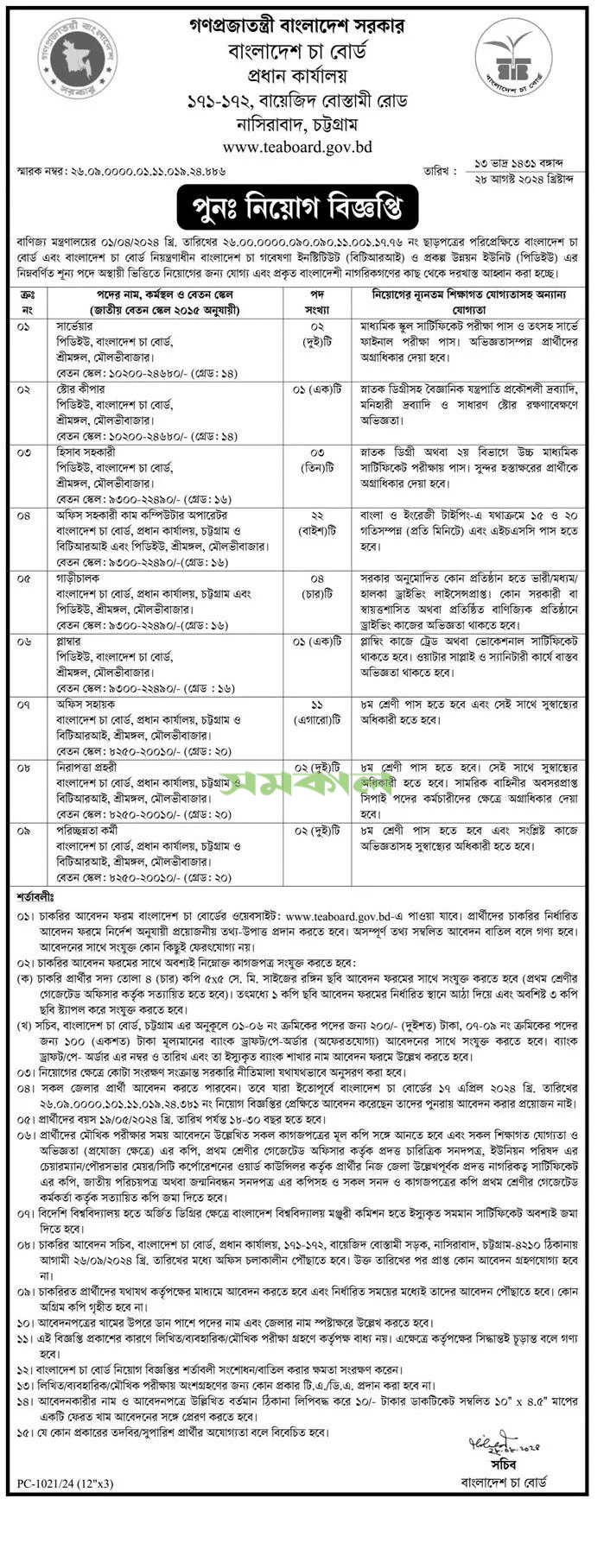 Bangladesh Tea Board Job Circular