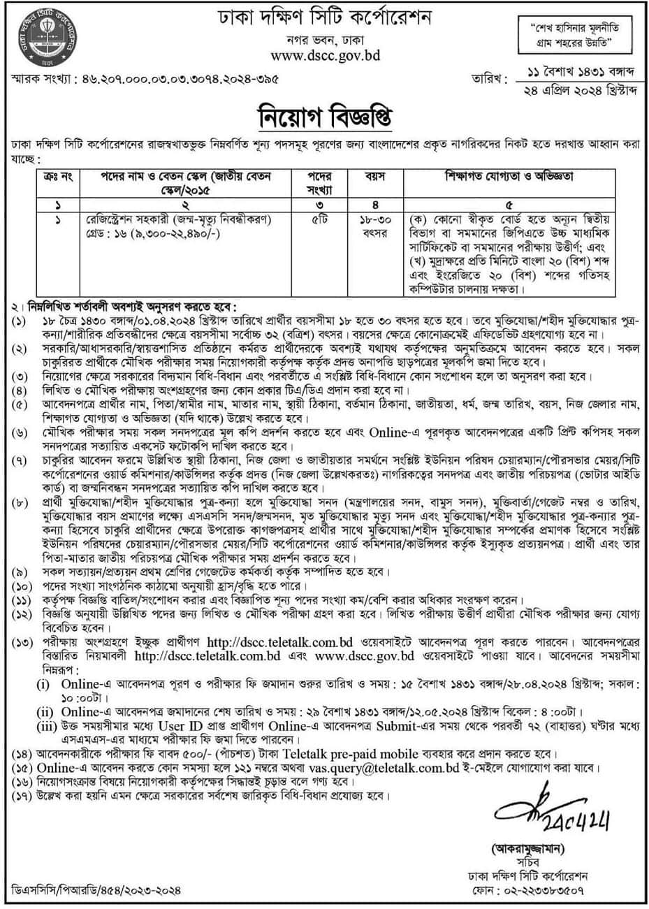 Dhaka South City Corporation Job circular