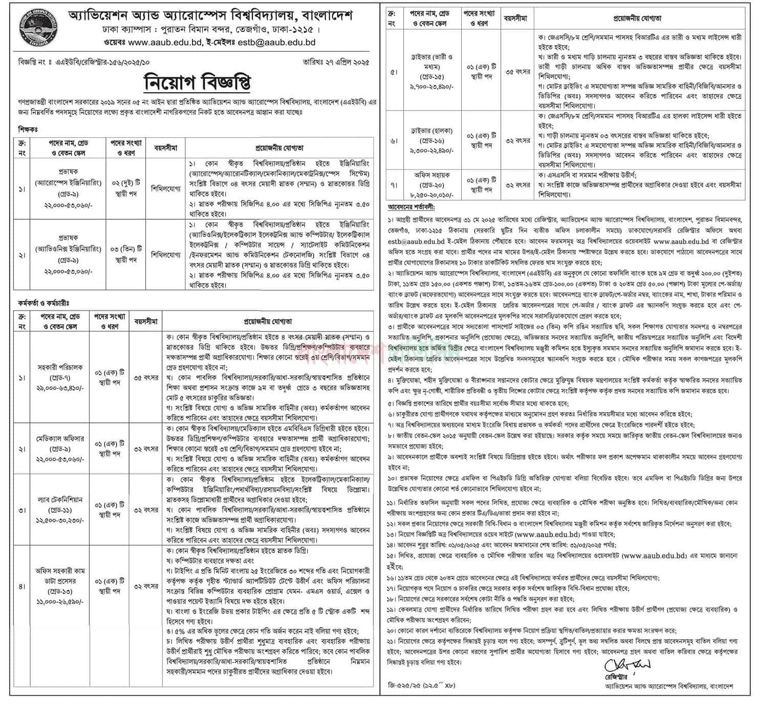 Aviation and Aerospace University Job Circular